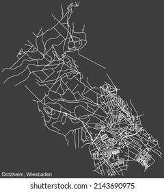 Mapa detallado negativo de líneas blancas de navegación en las calles urbanas del DISTRITO DOTZHEIM de la capital regional alemana de Wiesbaden, Alemania sobre fondo gris oscuro