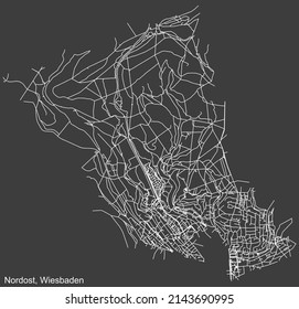 Mapa detallado negativo de líneas blancas de navegación en las calles urbanas del DISTRITO NORDOST de la capital regional alemana de Wiesbaden, Alemania sobre fondo gris oscuro