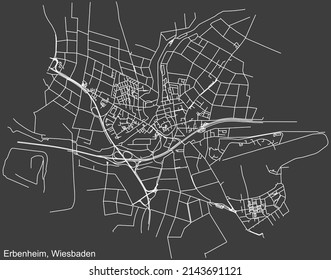Detailed negative navigation white lines urban street roads map of the ERBENHEIM DISTRICT of the German regional capital city of Wiesbaden, Germany on dark gray background