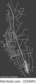 Detailed negative navigation white lines urban street roads map of the MEDENBACH DISTRICT of the German regional capital city of Wiesbaden, Germany on dark gray background