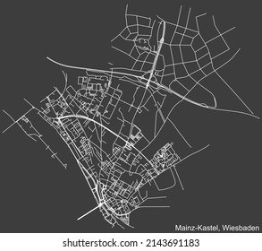 Detailed negative navigation white lines urban street roads map of the MAINZ-KASTEL DISTRICT of the German regional capital city of Wiesbaden, Germany on dark gray background