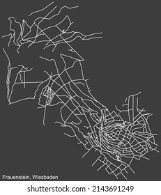 Detailed negative navigation white lines urban street roads map of the FRAUENSTEIN DISTRICT of the German regional capital city of Wiesbaden, Germany on dark gray background