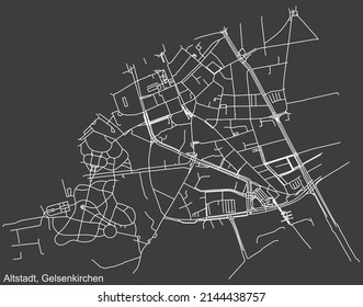 Mapa detallado negativo de las líneas blancas de navegación en las calles urbanas del DISTRITO ALTSTADT de la capital regional alemana Gelsenkirchen, Alemania sobre fondo gris oscuro