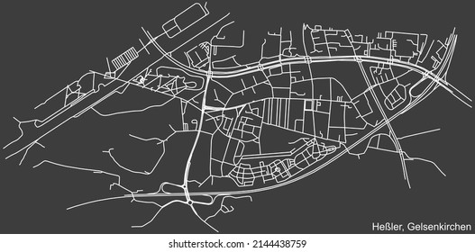 Detailed negative navigation white lines urban street roads map of the HEßLER DISTRICT of the German regional capital city of Gelsenkirchen, Germany on dark gray background