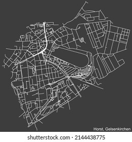 Mapa detallado negativo de líneas blancas de navegación en las calles urbanas del DISTRITO HORST de la capital regional alemana Gelsenkirchen, Alemania sobre fondo gris oscuro