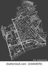 Detailed negative navigation white lines urban street roads map of the ERLE DISTRICT of the German regional capital city of Gelsenkirchen, Germany on dark gray background