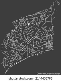 Detailed negative navigation white lines urban street roads map of the ÜCKENDORF DISTRICT of the German regional capital city of Gelsenkirchen, Germany on dark gray background