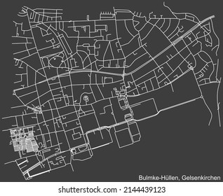 Detailed negative navigation white lines urban street roads map of the BULMKE-HÜLLEN DISTRICT of the German regional capital city of Gelsenkirchen, Germany on dark gray background