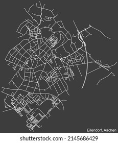 Detailed negative navigation white lines urban street roads map of the EILENDORF DISTRICT of the German regional capital city of Aachen, Germany on dark gray background