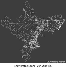 Mapa detallado negativo de líneas blancas de navegación en las calles urbanas del DISTRITO LAURENSBERG de la capital regional alemana de Aachen, Alemania sobre fondo gris oscuro