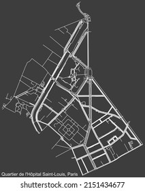 Detaillierte Darstellung der weißen Navigationslinien der Stadtstraßen der HÔPITAL-SAINT-LOUIS QUARTER der französischen Hauptstadt Paris auf dunkelgrauem Hintergrund