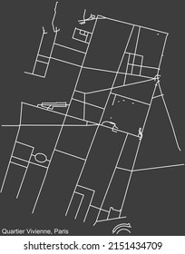 Detailed negative navigation white lines urban street roads map of the VIVIENNE QUARTER of the French capital city of Paris, France on dark gray background