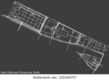 Detailed negative navigation white lines urban street roads map of the SAINT-GERMAIN-L'AUXERROIS QUARTER of the French capital city of Paris, France on dark gray background