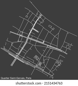 Detaillierte Negativnavigation mit weißen Linien Stadtstraßen Karte des SAINT-GERVAIS QUARTER der französischen Hauptstadt Paris, Frankreich auf dunkelgrauem Hintergrund