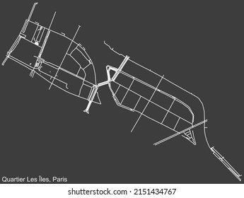 Detailed negative navigation white lines urban street roads map of the LES ILES - NOTRE-DAME QUARTER of the French capital city of Paris, France on dark gray background