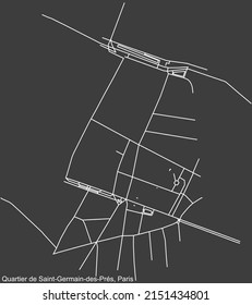 Detailed negative navigation white lines urban street roads map of the SAINT-GERMAIN-DES-PRÉS QUARTER of the French capital city of Paris, France on dark gray background