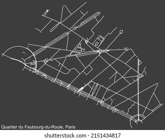 Mapa detallado negativo de líneas blancas de navegación en las calles urbanas del CUARTO FAUBOURG-DU-ROULE de la capital francesa de París, Francia sobre fondo gris oscuro