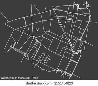 Detaillierte, negative, weiße Navigationslinien Stadtstraßen Karte des LA MADELEINE QUARTER der französischen Hauptstadt Paris, Frankreich auf dunkelgrauem Hintergrund