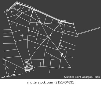 Mapa detallado negativo de líneas blancas de navegación en las calles urbanas del TRIMESTRE SAINT-GEORGES de la capital francesa de París, Francia sobre fondo gris oscuro