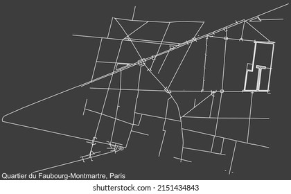 Detailed negative navigation white lines urban street roads map of the FAUBOURG-MONTMARTRE QUARTER of the French capital city of Paris, France on dark gray background