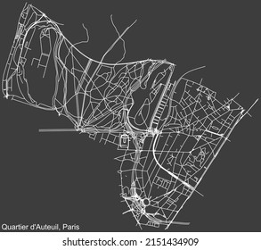 Detailed negative navigation white lines urban street roads map of the AUTEUIL QUARTER of the French capital city of Paris, France on dark gray background