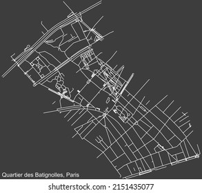 Detailed negative navigation white lines urban street roads map of the BATIGNOLLES QUARTER of the French capital city of Paris, France on dark gray background