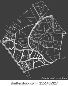 Detailed negative navigation white lines urban street roads map of the COMBAT QUARTER of the French capital city of Paris, France on dark gray background
