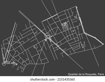 Detailed negative navigation white lines urban street roads map of the LA ROQUETTE QUARTER of the French capital city of Paris, France on dark gray background