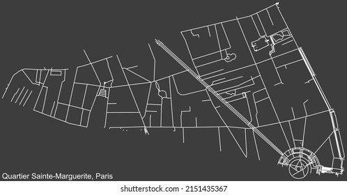 Detailed negative navigation white lines urban street roads map of the SAINTE-MARGUERITE QUARTER of the French capital city of Paris, France on dark gray background