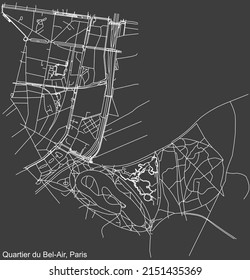 Mapa detallado negativo de las líneas blancas de navegación en las calles urbanas del BEL-AIR QUARTER de la capital francesa de París, Francia sobre fondo gris oscuro