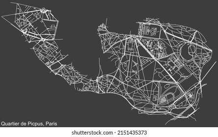 Mapa detallado negativo de líneas blancas de navegación en las calles urbanas del CUARTO PICPUS de la capital francesa de París, Francia sobre fondo gris oscuro