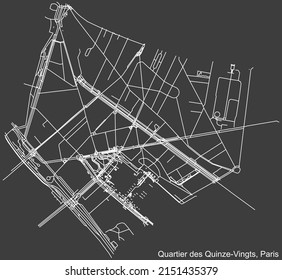 Detailed negative navigation white lines urban street roads map of the QUINZE-VINGTS QUARTER of the French capital city of Paris, France on dark gray background