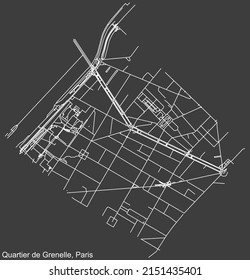 Detailed negative navigation white lines urban street roads map of the GRENELLE QUARTER of the French capital city of Paris, France on dark gray background