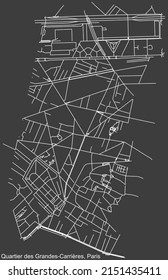 Detailed negative navigation white lines urban street roads map of the GRANDES-CARRIÈRES QUARTER of the French capital city of Paris, France on dark gray background
