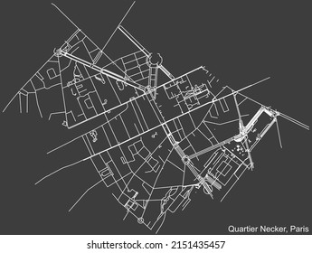 Mapa detallado negativo de las líneas blancas de navegación en las calles urbanas del CUARTO NECKER de la capital francesa de París, Francia sobre fondo gris oscuro