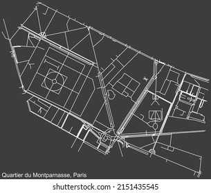 Detailed negative navigation white lines urban street roads map of the MONTPARNASSE QUARTER of the French capital city of Paris, France on dark gray background