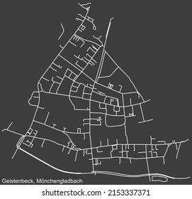 Detailed negative navigation white lines urban street roads map of the GEISTENBECK DISTRICT of the German regional capital city of Mönchengladbach, Germany on dark gray background
