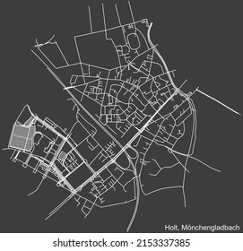 Detailed negative navigation white lines urban street roads map of the HOLT DISTRICT of the German regional capital city of Mönchengladbach, Germany on dark gray background
