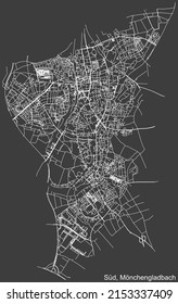 Detailed negative navigation white lines urban street roads map of the SÜD BOROUGH of the German regional capital city of Mönchengladbach, Germany on dark gray background