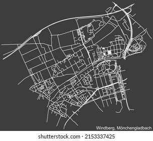 Detailed negative navigation white lines urban street roads map of the WINDBERG DISTRICT of the German regional capital city of Mönchengladbach, Germany on dark gray background