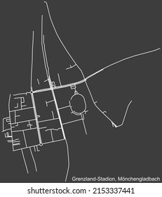 Detailed negative navigation white lines urban street roads map of the GRENZLANDSTADION DISTRICT of the German regional capital city of Mönchengladbach, Germany on dark gray background
