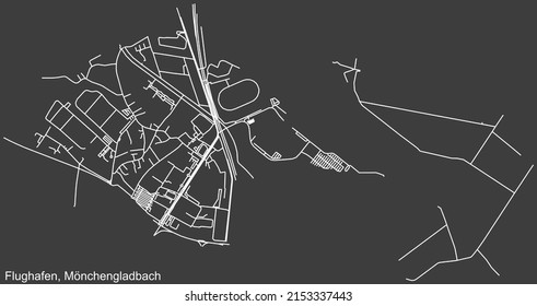 Detaillierte Negativnavigation mit weißen Linien Stadtstraßen Karte des FLUGHAFEN DISTRICT der deutschen Landeshauptstadt Mönchengladbach auf dunkelgrauem Hintergrund