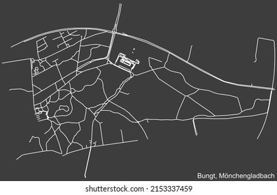 Mapa detallado negativo de las líneas blancas de navegación en las calles urbanas del DISTRITO BUNGT de la capital regional alemana de Mönchengladbach, Alemania sobre fondo gris oscuro