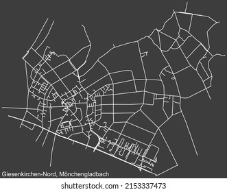 Detailed negative navigation white lines urban street roads map of the GIESENKIRCHEN-NORD DISTRICT of the German regional capital city of Mönchengladbach, Germany on dark gray background