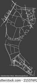 Detailed negative navigation white lines urban street roads map of the ODENKIRCHEN-WEST DISTRICT of the German regional capital city of Mönchengladbach, Germany on dark gray background