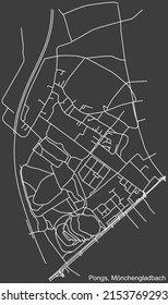Mapa detallado negativo de las líneas blancas de navegación en las calles urbanas del DISTRITO PONGS de la capital regional alemana de Mönchengladbach, Alemania sobre fondo gris oscuro