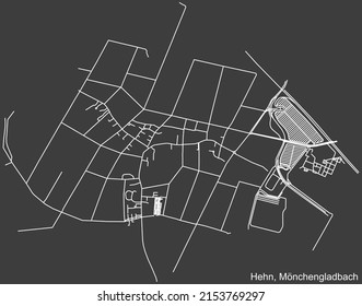 Detailed negative navigation white lines urban street roads map of the HEHN DISTRICT of the German regional capital city of Mönchengladbach, Germany on dark gray background