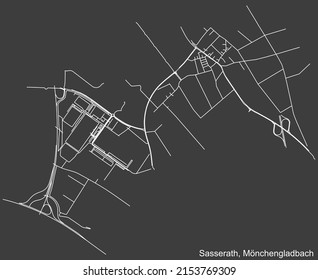 Detailed negative navigation white lines urban street roads map of the SASSERATH DISTRICT of the German regional capital city of Mönchengladbach, Germany on dark gray background