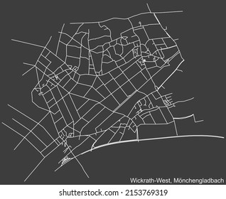Detailed negative navigation white lines urban street roads map of the WICKRATH-WEST DISTRICT of the German regional capital city of Mönchengladbach, Germany on dark gray background