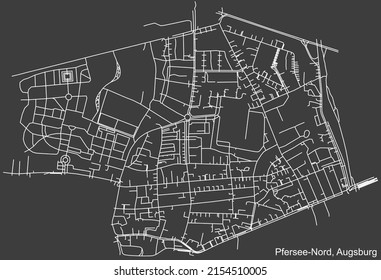 Mapa detallado negativo de las líneas blancas de navegación en las calles urbanas del DISTRITO PFERSEE-NORD de la capital regional alemana de Augsburgo, Alemania sobre fondo gris oscuro